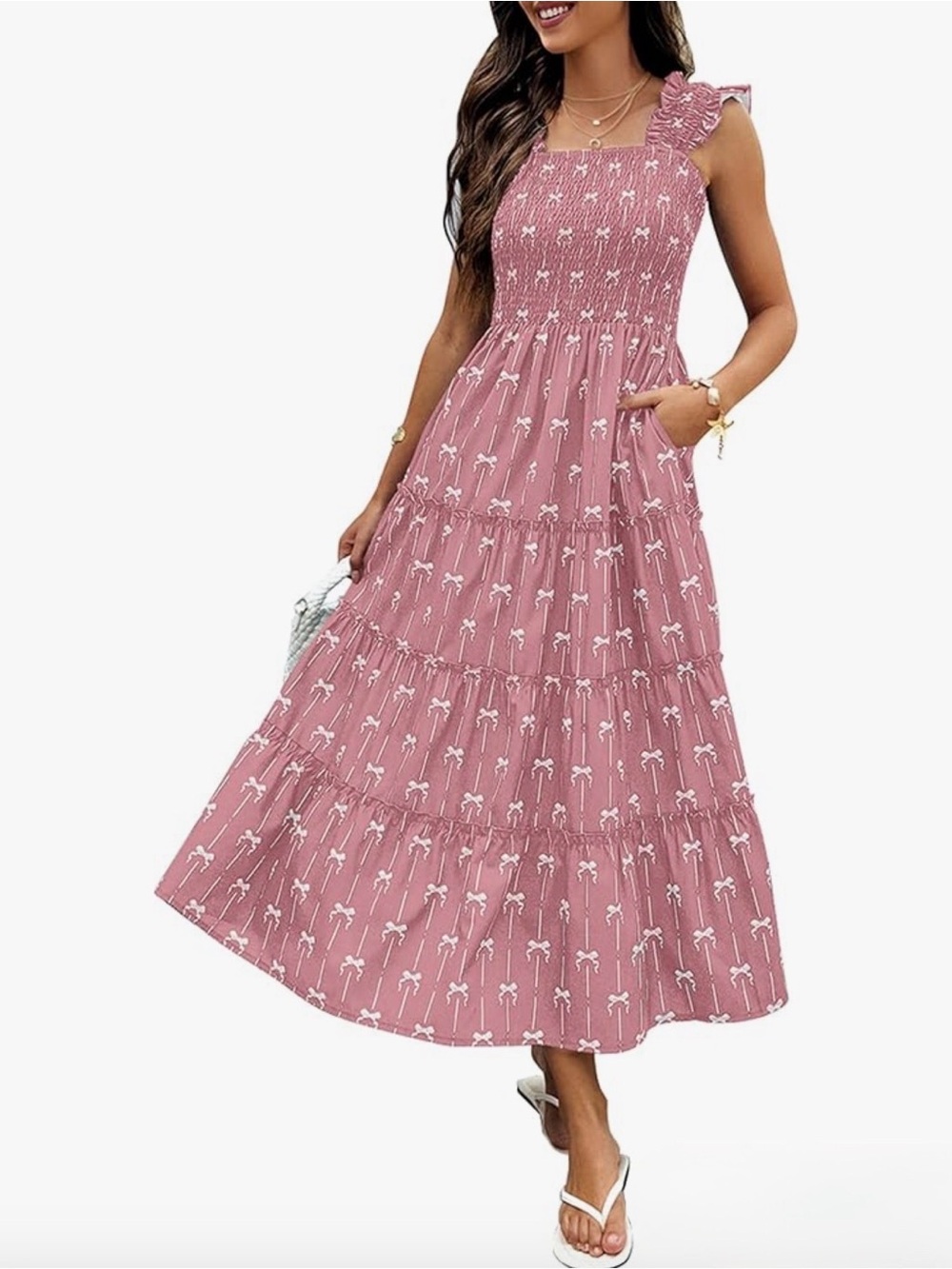 Wish Pink Palm-Print Smocked Maxi Dress